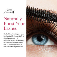 100% PURE Maracuja Mascara wand close-up highlights buildable length without clumps.
