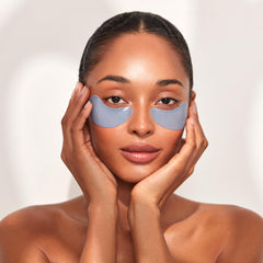 Close-up of 111SKIN under-eye patches fitting beneath the eyes.