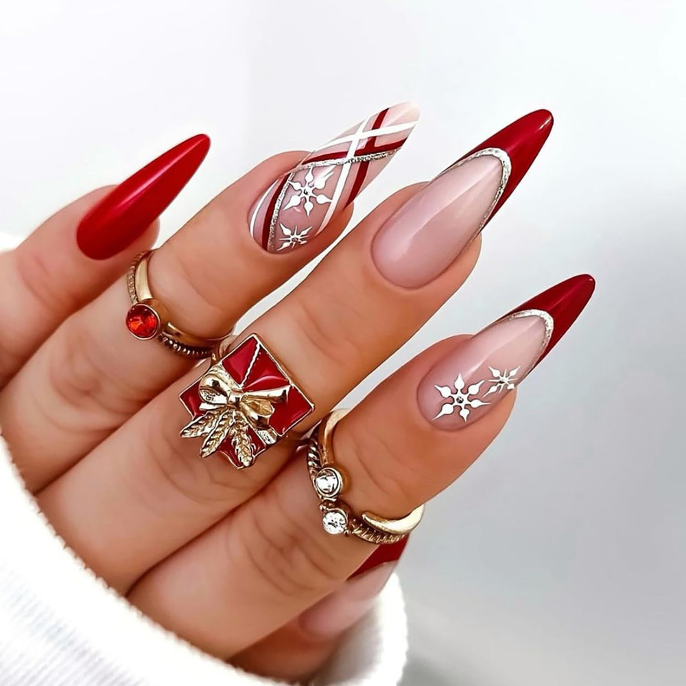 24Pcs Christmas red french tip press on nails long almond snowflake design for festive manicure