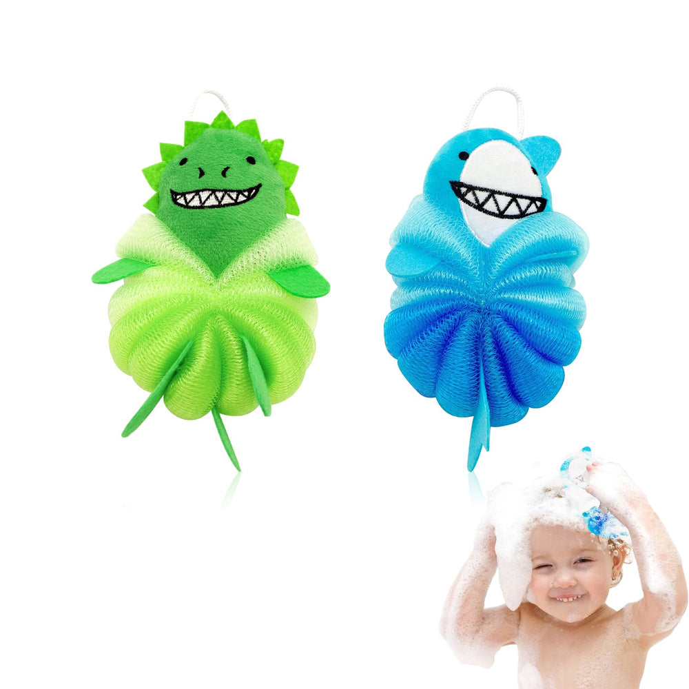 2 Pack Kids Bath Sponges with sharks design for gentle exfoliation