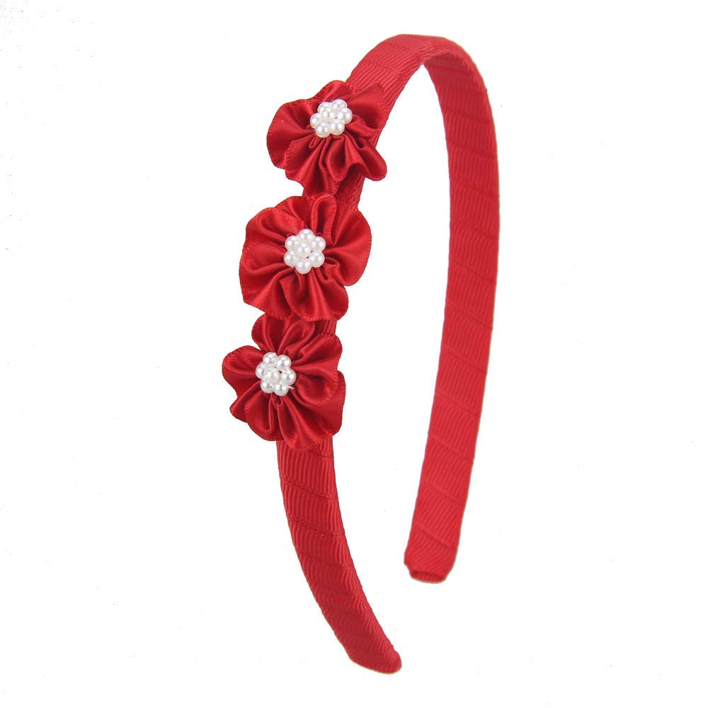 7Rainbows Boutique triple satin flowers red headband with pearls for a princess-perfect party look.