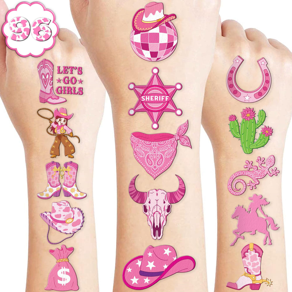 91TATTOOS pink disco cowgirl hat tattoo adds party flair and easy application.