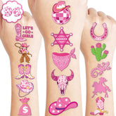 91TATTOOS pink disco cowgirl hat tattoo adds party flair and easy application.
