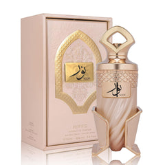 A CENTER Noor bottle with caramel swirl for indulgent, long-lasting gourmand fragrance.