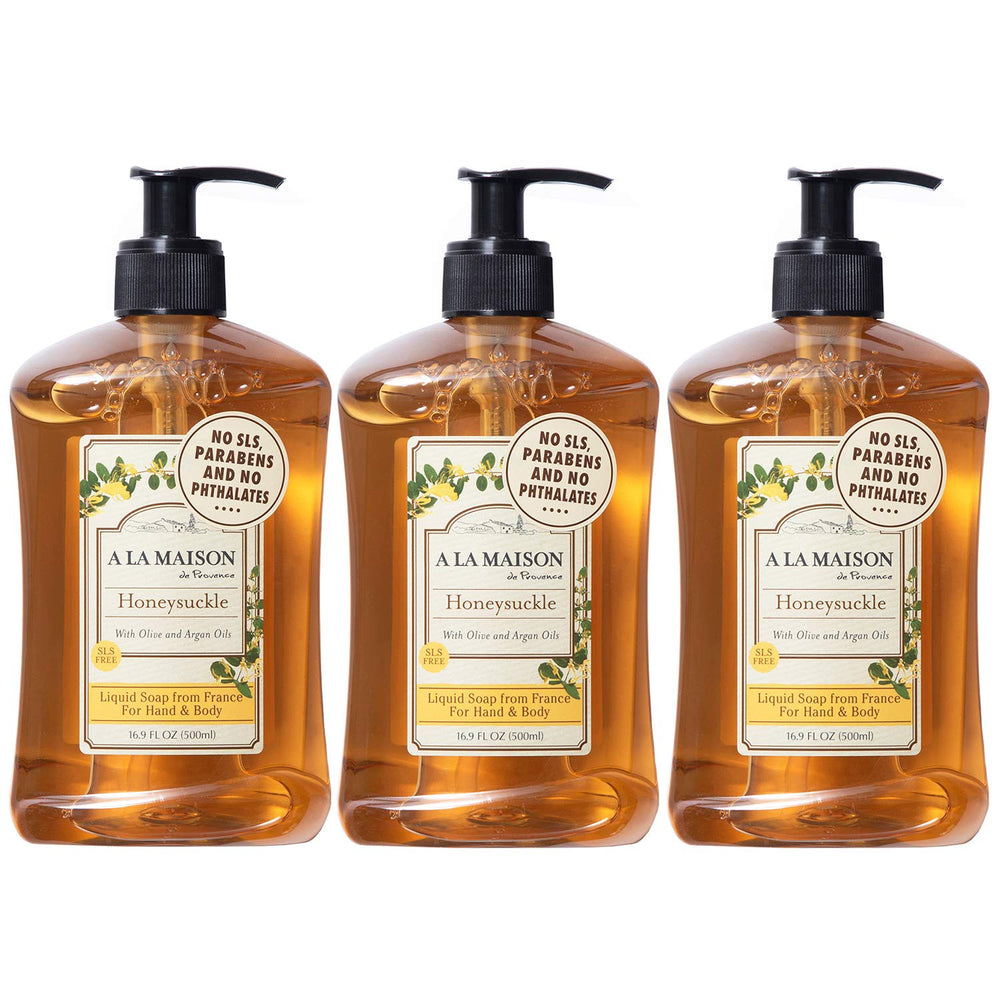 A LA MAISON Honeysuckle liquid soap bottle for gentle cleansing and Provence-style luxury.