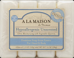 A La Maison unscented bar soap close-up showing creamy lather.