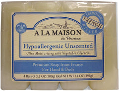 A La Maison hypoallergenic unscented bar soap displaying natural moisturizing feel for daily cleansing.