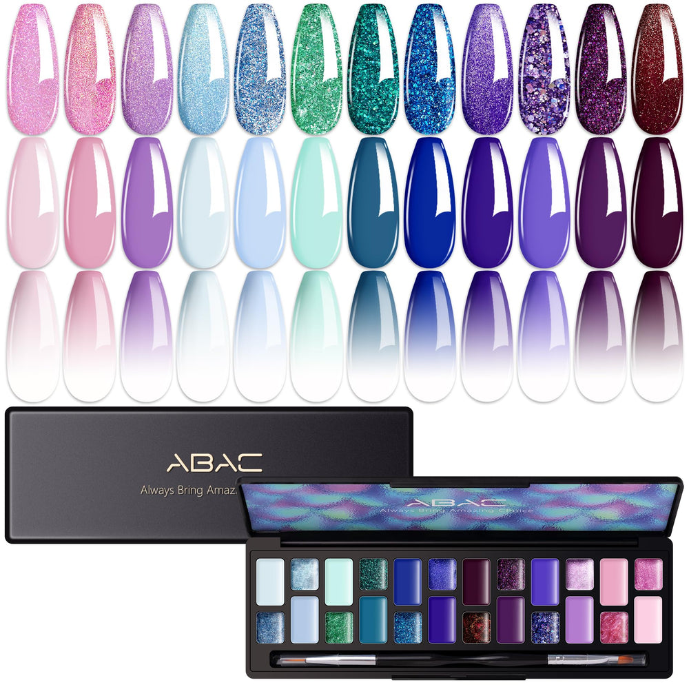 ABAC solid gel nail polish color palette swatches show 24 colors for long-lasting manicures.