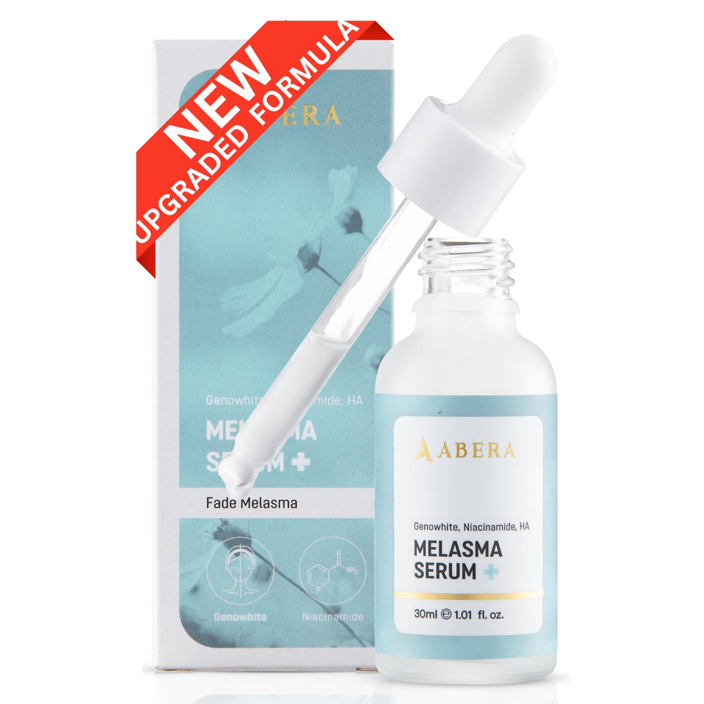 Abera Melasma Serum Plus bottle on vanity supports daily pigment correction and skin confidence.