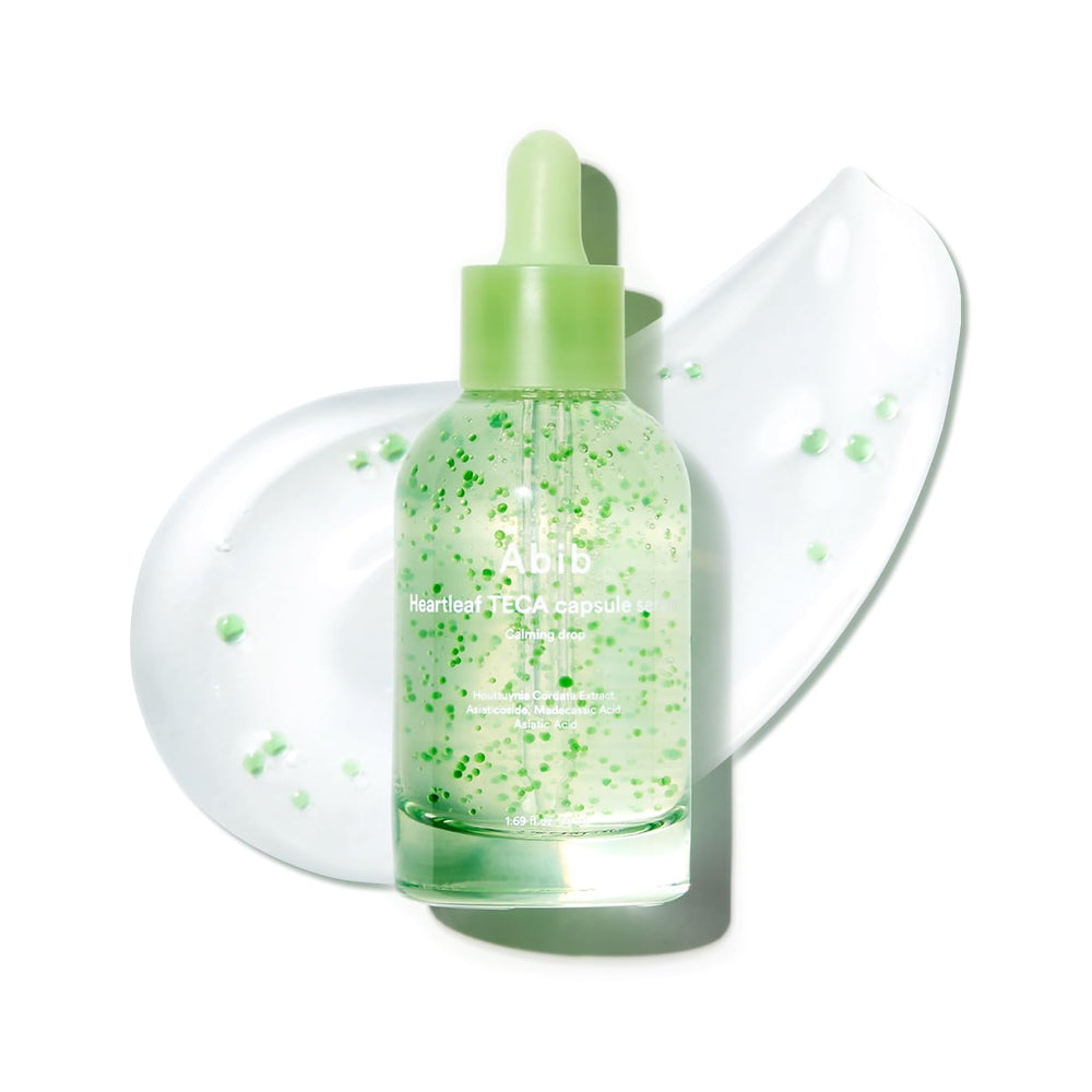 Abib Heartleaf TECA capsule serum bottle showcases calming hydration.