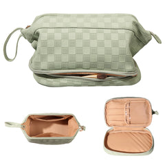 Abiudeng large makeup bag open inside, showing expansive interior for easy cosmetics organization during travel.