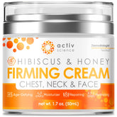 ACTIVSCIENCE Hibiscus & Honey Neck Cream bottle shows a hydrating firming formula.