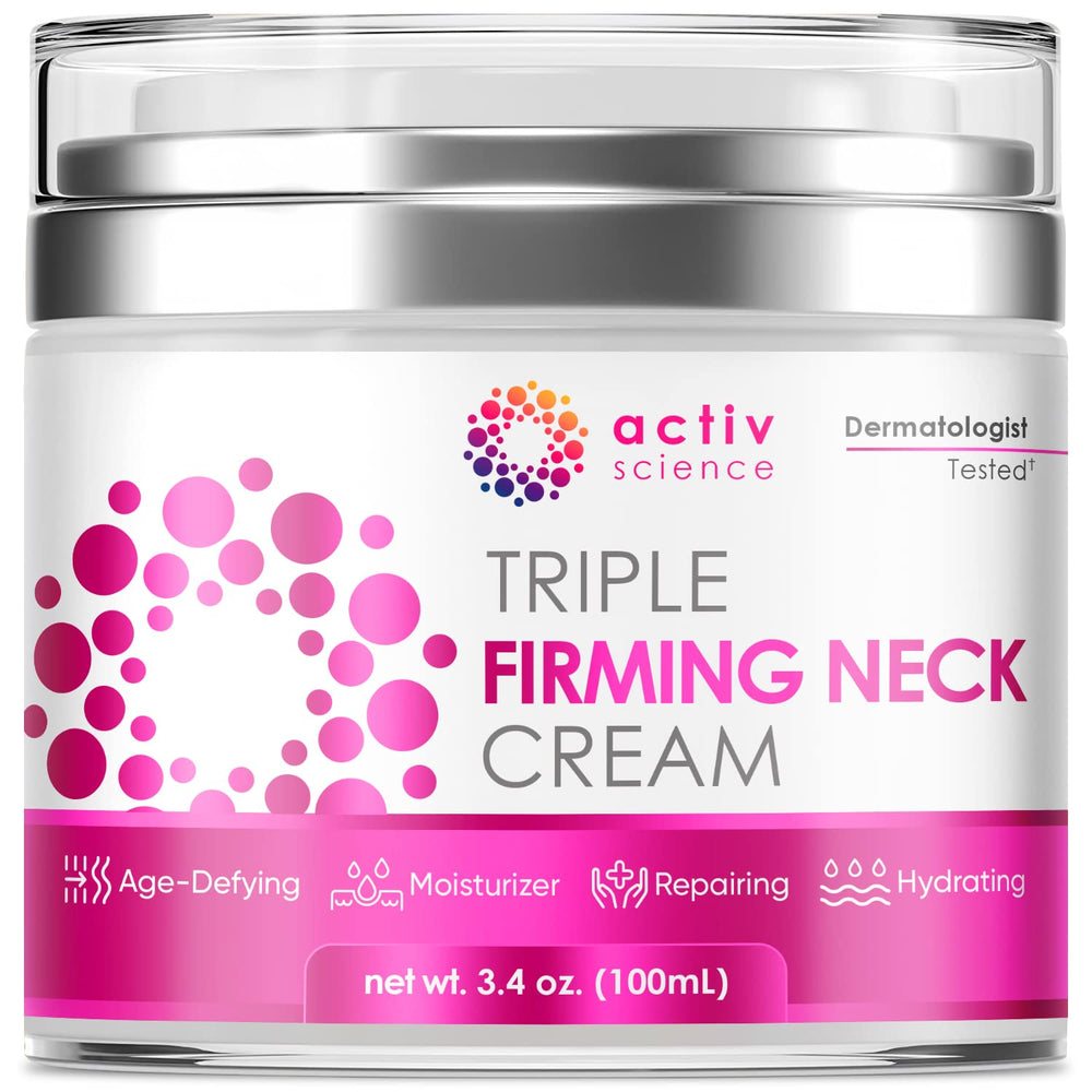 ACTIVSCIENCE Neck Firming Cream packaging shows premium anti-aging care for daily use.