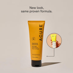 Acure Brightening Facial Scrub texture closeup highlights finely ground botanicals for smoother skin.