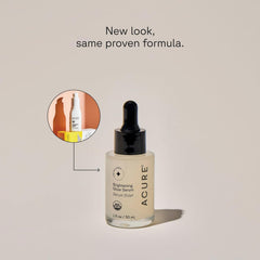 Acure Brightening Glow Serum label close-up highlighting vegan, cruelty-free care for your skin.
