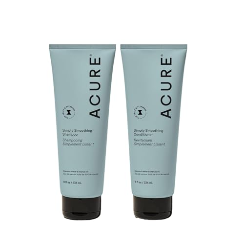 Acure Simply Smoothing Shampoo bottle front promotes sleek, frizz-free hair and easy daily styling.
