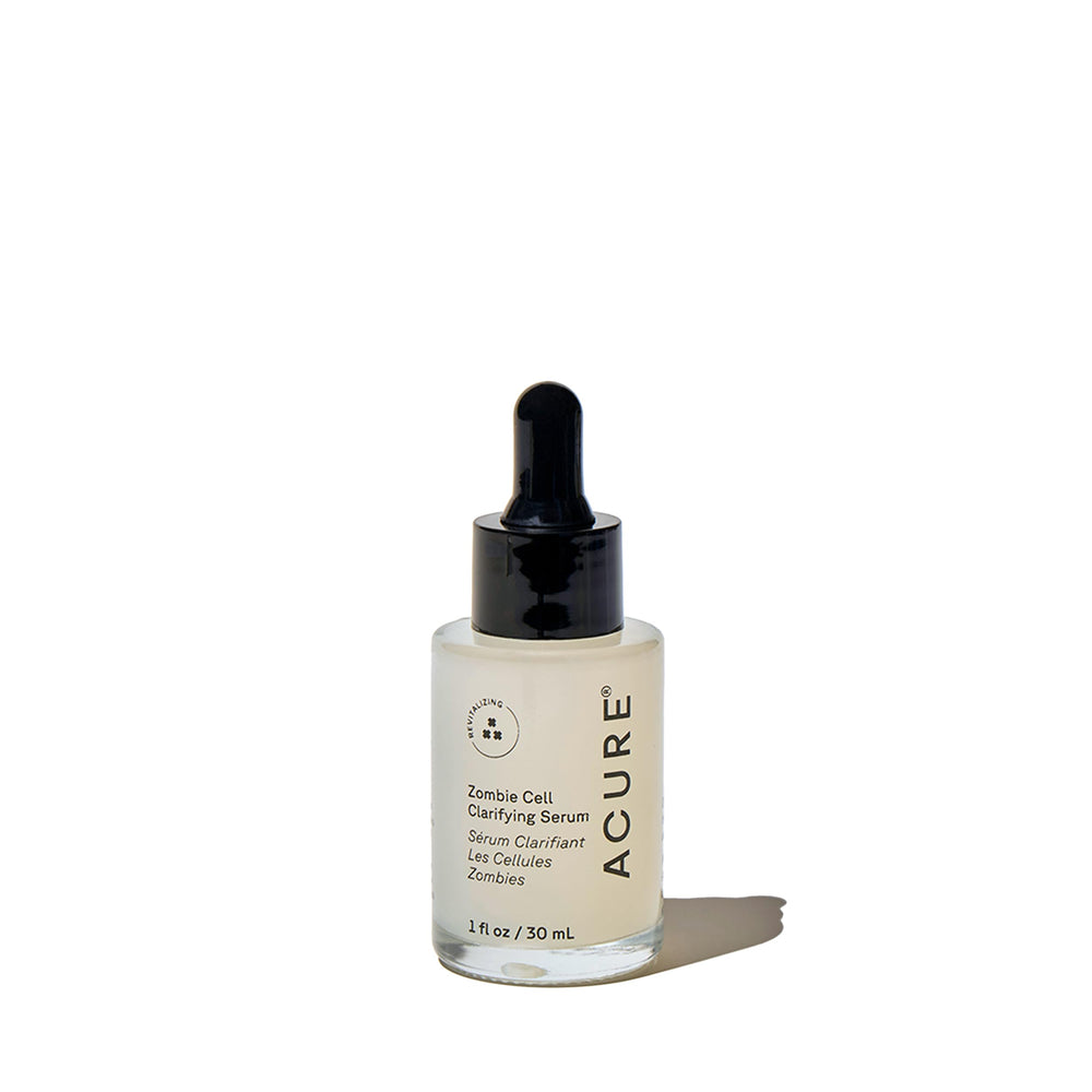 Acure Zombie Cell Serum bottle closeup—sleek packaging and glow-enhancing clarity.