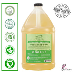 Close-up label of Adams Handmade Soap castile liquid with eucalyptus spearmint for calming aroma.