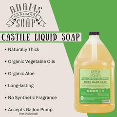 Adams Handmade Soap thick castile hand soap in a gallon jug, offering a concentrated yet skin-friendly wash.