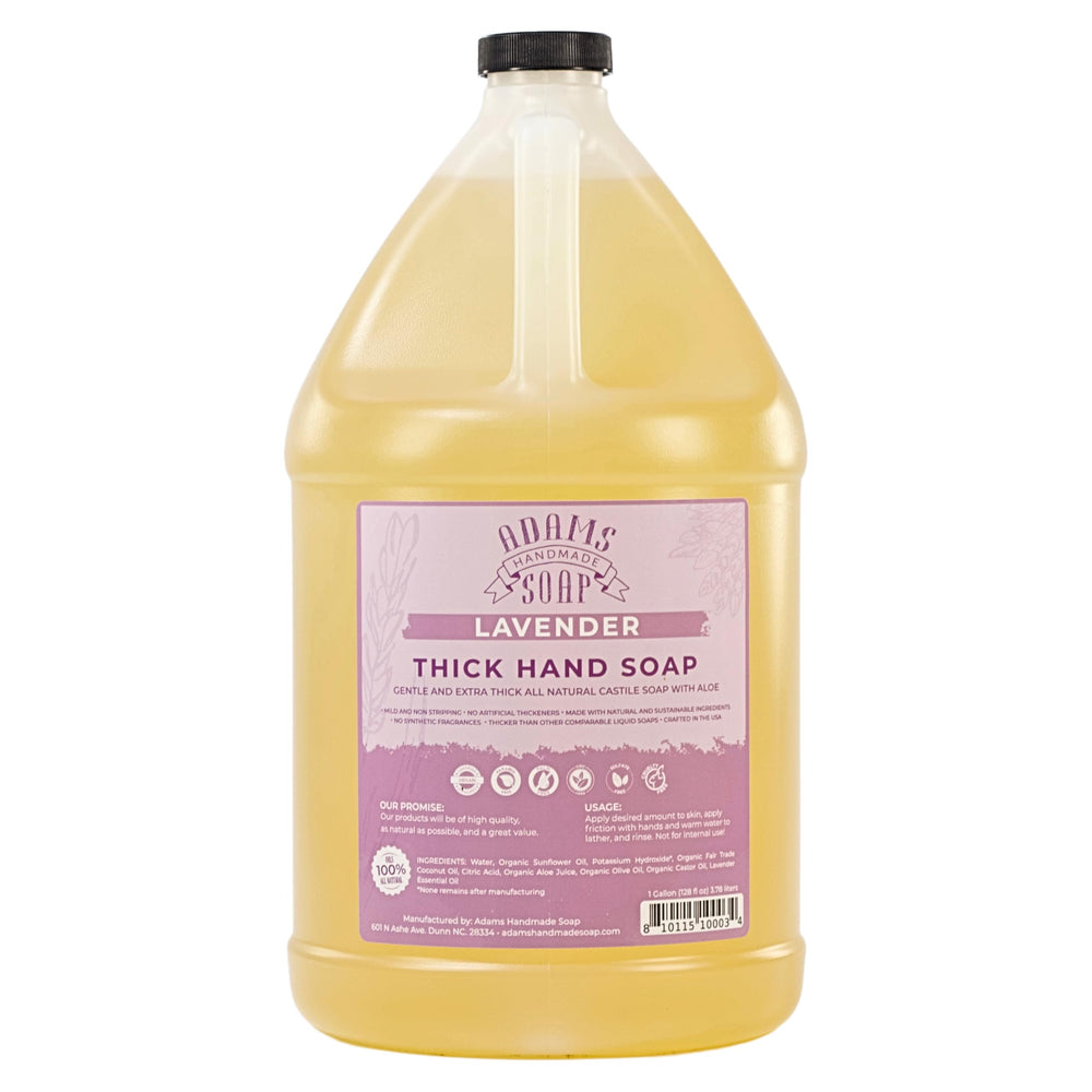 Adams Handmade Soap lavender bottle shows thick castile formula for gentle hand washing