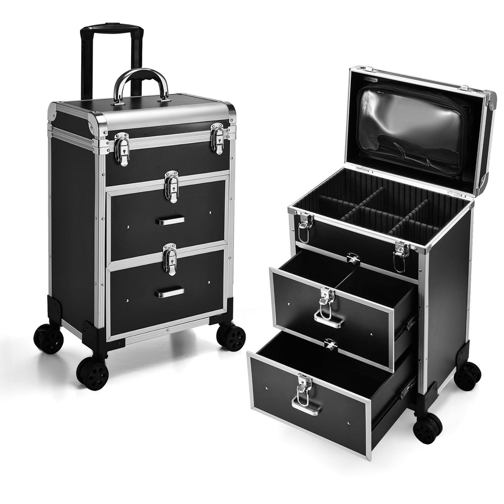 Adazzo Professional Rolling Makeup Train Case with Drawers shows organized storage on the go.