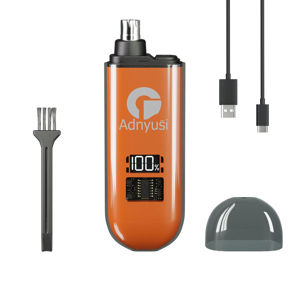 Adnyusi nose hair trimmer with digital display shows battery life for quick, on-the-go grooming.