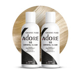 Adore Crystal Clear bottle shot highlighting vegan, cruelty-free formula for at-home color.