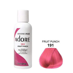 Adore Fruit Punch pink hair dye swatches show bold pink payoff on hair texture and shine.