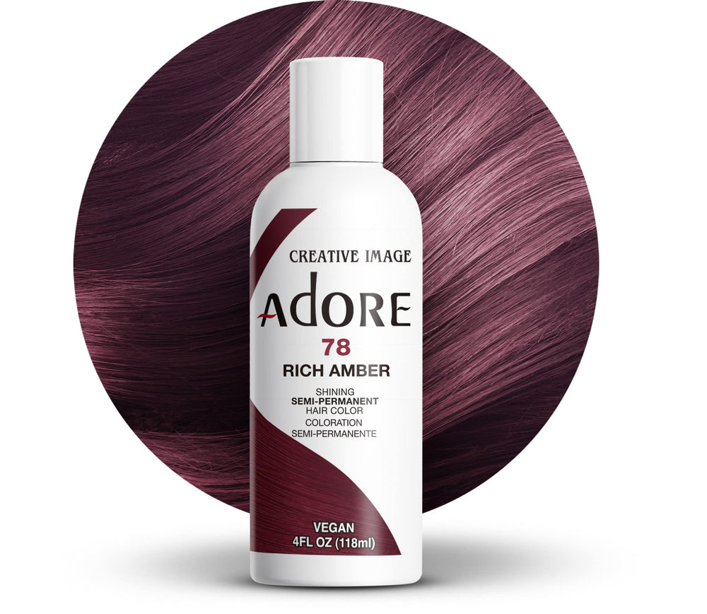 Adore semi-permanent hair color 078 Rich Amber bottle shows bold brown coverage