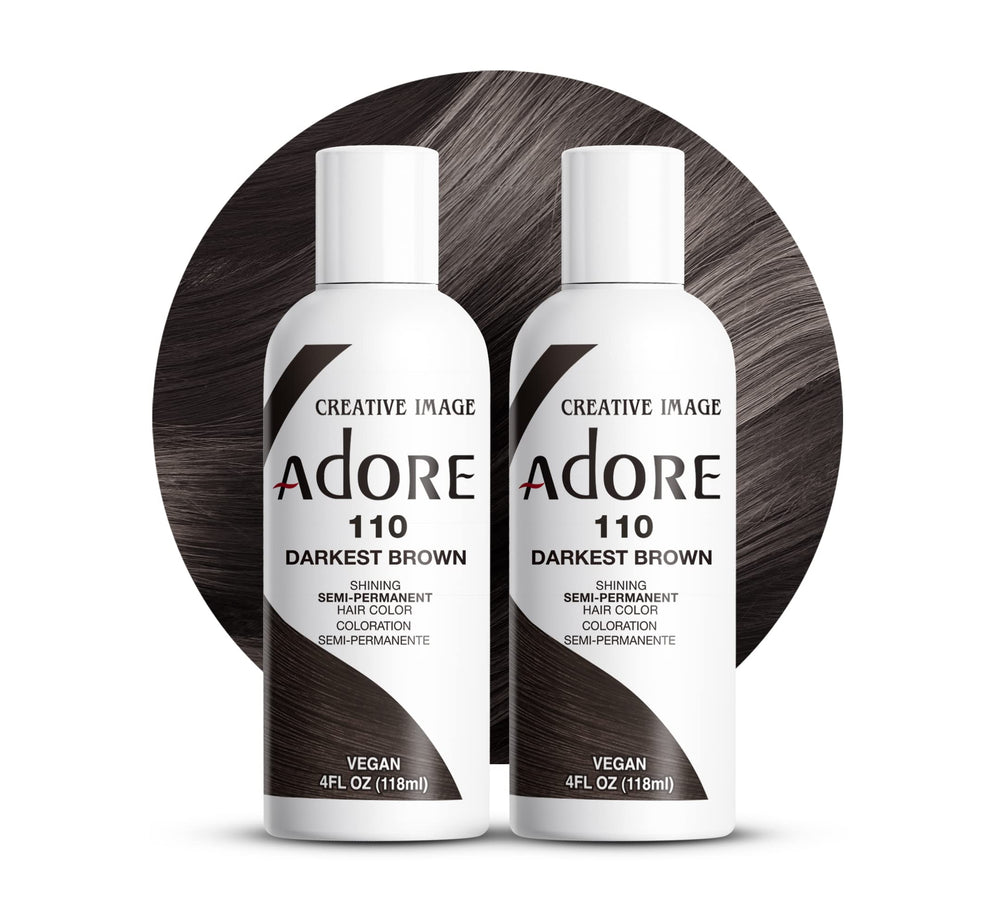 Adore Semi Permanent Hair Color bottle closeup shows bold 110 Darkest Brown shade for rich coverage.