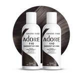 Adore Semi Permanent Hair Color bottle closeup shows bold 110 Darkest Brown shade for rich coverage.
