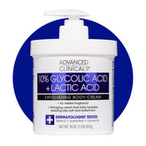 Advanced Clinicals 10% glycolic-lactic lotion bottle for smoother, radiant skin.