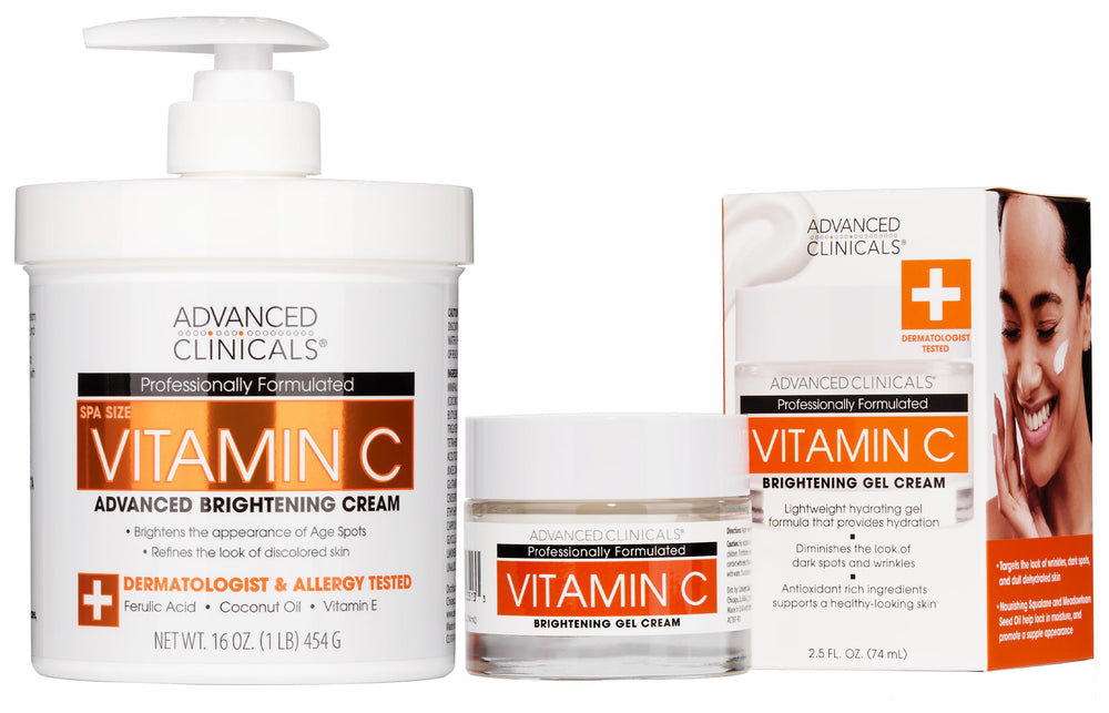 Advanced Clinicals brightening body cream bottle highlights radiant-looking skin with vitamin C