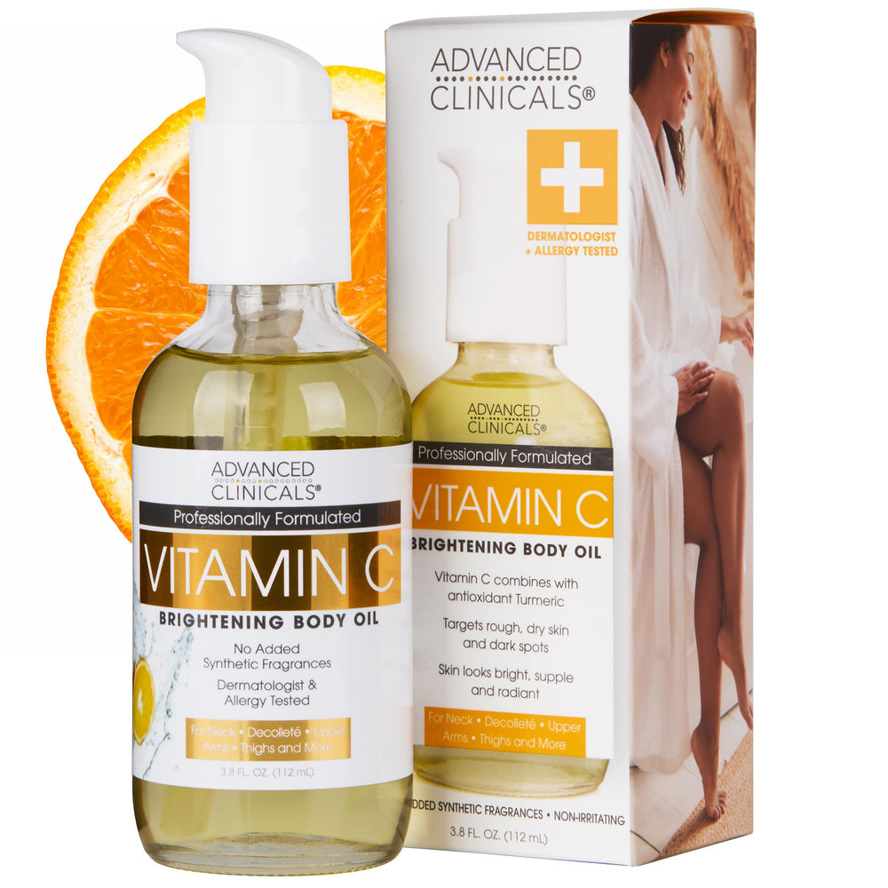 Advanced Clinicals Brightening Vitamin C Body Oil bottle for radiant glow and hydration.