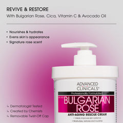 Advanced Clinicals Bulgarian Rose Lotion cream texture highlights non-greasy hydration.