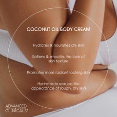 Non-greasy finish of Advanced Clinicals coconut oil body cream demonstrated on skin.
