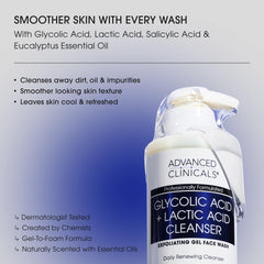 Advanced Clinicals glycolic face wash rinse image suggests a clean, non-drying finish.