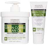 Advanced Clinicals Green Coffee Bean Oil Thermo bottle highlights firming action for smoother-looking skin.