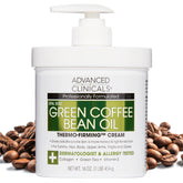 Advanced Clinicals Green Coffee Bean Thermo bottle pump demonstrates hydrating, firming body care in a single dispense.