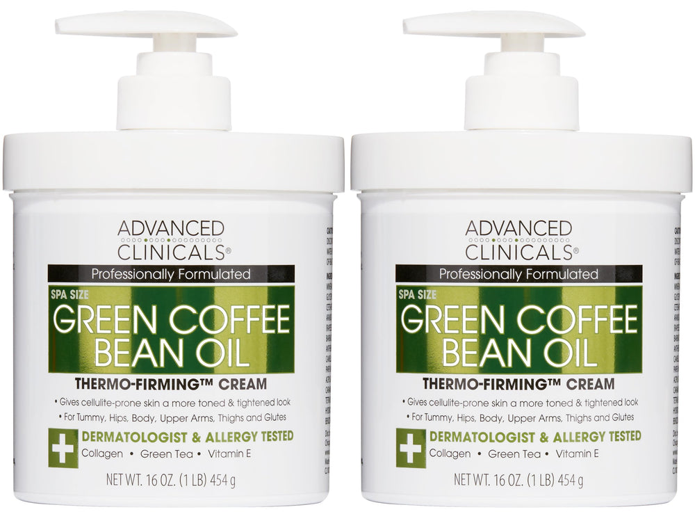 Advanced Clinicals Green Coffee Bean Thermo firming bottle highlighted for hydration and lifted appearance