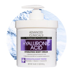 Advanced Clinicals Hyaluronic Acid Body Cream 16oz jar offers rich moisture for silky-smooth skin.