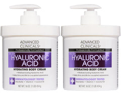 Advanced Clinicals Hyaluronic Acid Body Cream bottle showing hydrating formula.
