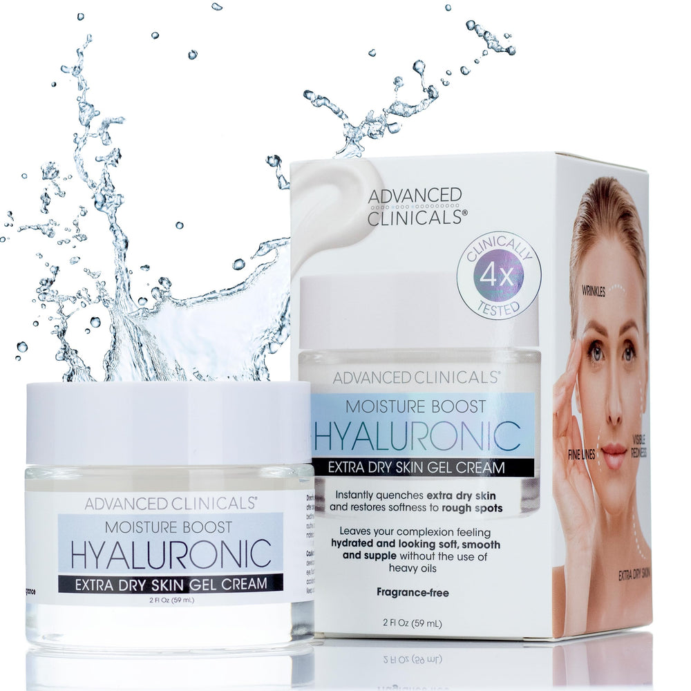 Advanced Clinicals hyaluronic acid moisturizer gel bottle delivers lightweight hydration for daily use.
