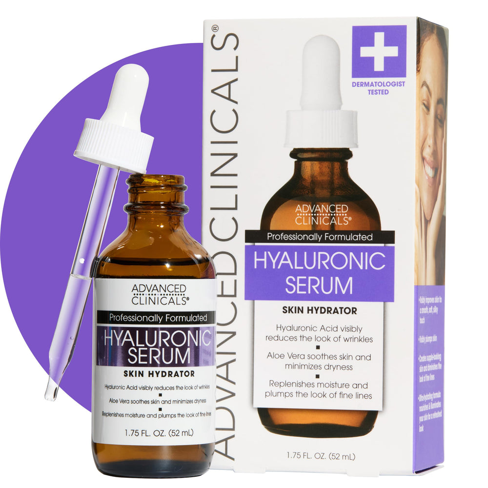 Advanced Clinicals hyaluronic acid serum bottle pour illustrates easy daily hydration.