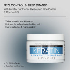 Advanced Clinicals Keratin Hair Mask ingredient closeup highlights panthenol and coconut oil for hydration