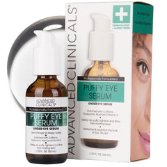 Advanced Clinicals Puffy Eye Serum bottle closeup for depuffing under-eye look.