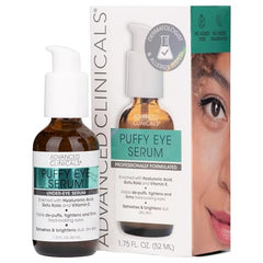 Advanced Clinicals Puffy Eye Serum under-eye application demonstrating gentle dabbing.