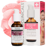 Advanced Clinicals Rosehip Oil bottle shows hydrating serum for radiant skin.