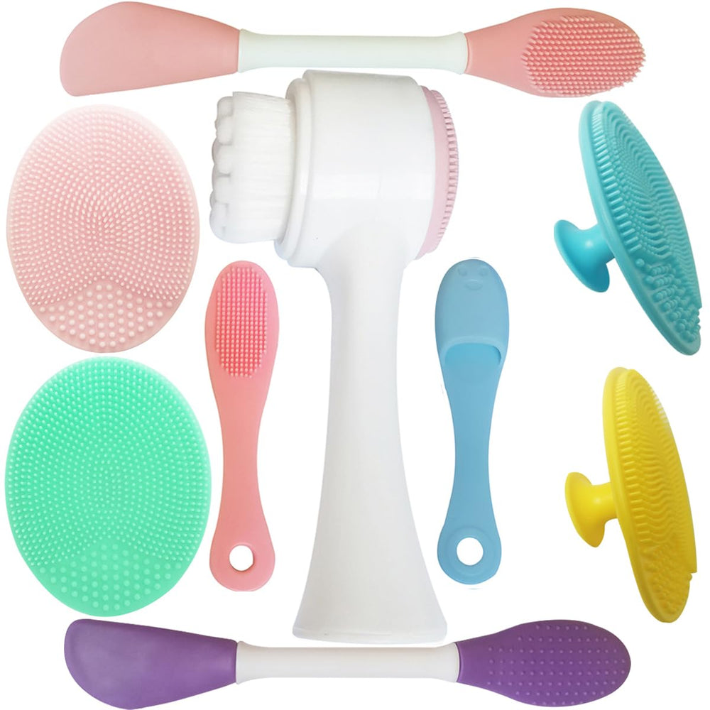 AECW 9-in-1 face scrubber packaging shows the full silicone cleansing kit for easy skincare.