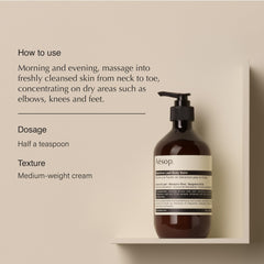 Aesop Geranium Leaf Body Balm ingredients panel highlights botanical hydration boost